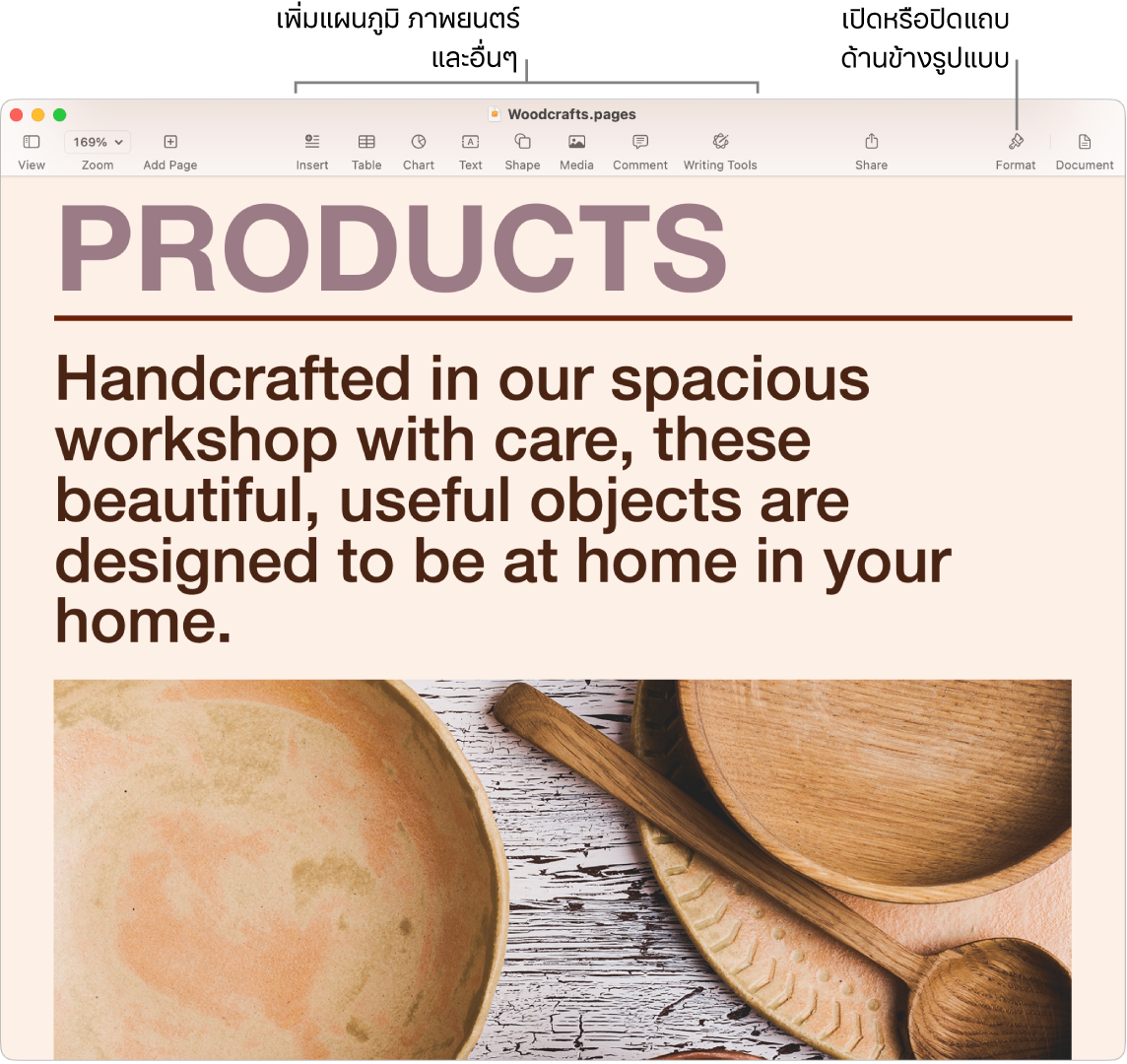 หน้าต่าง Pages ที่แสดงเอกสารที่สร้างจากแม่แบบ มีตัวชี้บรรยายไปยังการเพิ่มแผนภูมิ ภาพยนตร์ และอื่นๆ ในแถบเครื่องมือ และมีตัวชี้บรรยายไปยังการเปิดหรือปิดแถบด้านข้างรูปแบบ