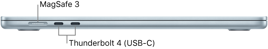 มุมมองด้านซ้ายของ MacBook Air ซึ่งมีตัวชี้บรรยายไปยังพอร์ต MagSafe 3 และ Thunderbolt 4
