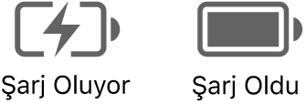 Şarj edilen ve şarj edilmiş pil durumu simgeleri.