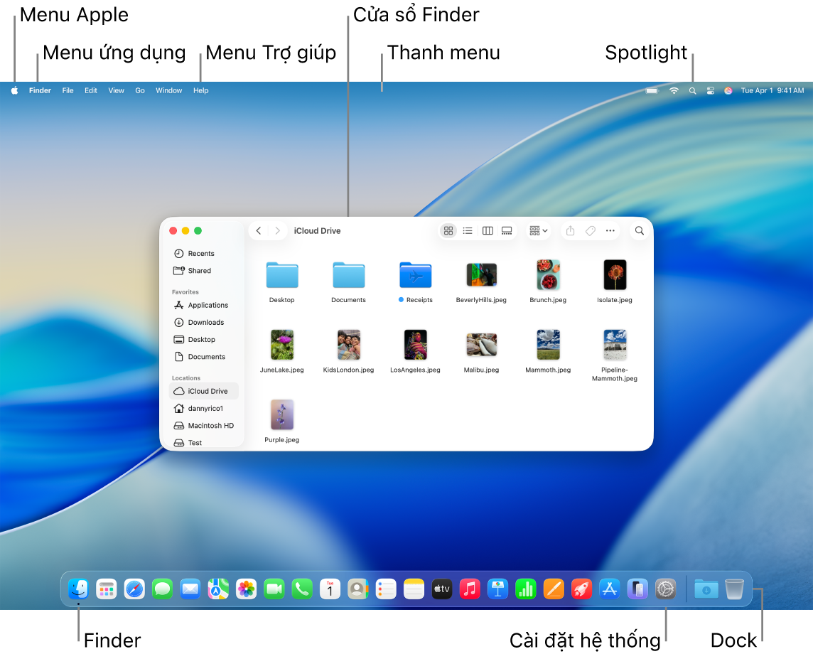 Một màn hình máy Mac đang hiển thị menu Apple, menu Ứng dụng, menu Trợ giúp, một cửa sổ Finder, thanh menu, biểu tượng Spotlight, biểu tượng Finder, biểu tượng Cài đặt hệ thống và Dock.