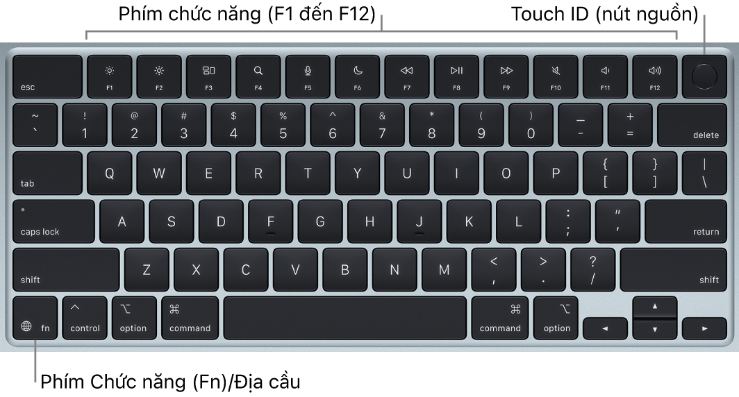 Bàn phím MacBook Air đang hiển thị hàng các phím chức năng và Touch ID (nút nguồn) ở trên cùng, cùng với phím Chức năng (Fn)/Địa cầu ở góc phía dưới bên trái.