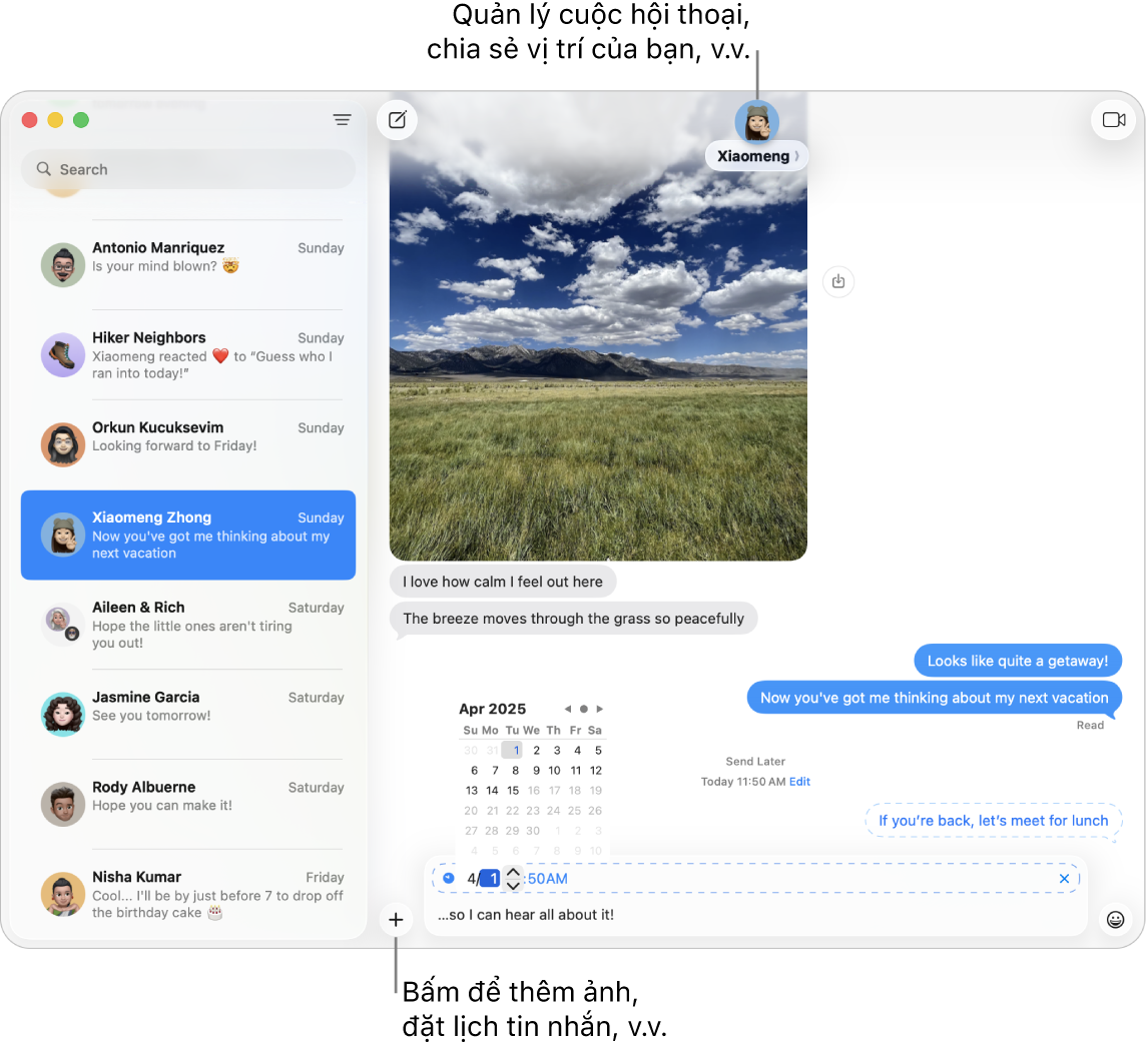 Một cửa sổ Tin nhắn đang hiển thị một cuộc hội thoại. Một tin nhắn đang được đặt lịch trình để gửi vào một ngày sau đó.