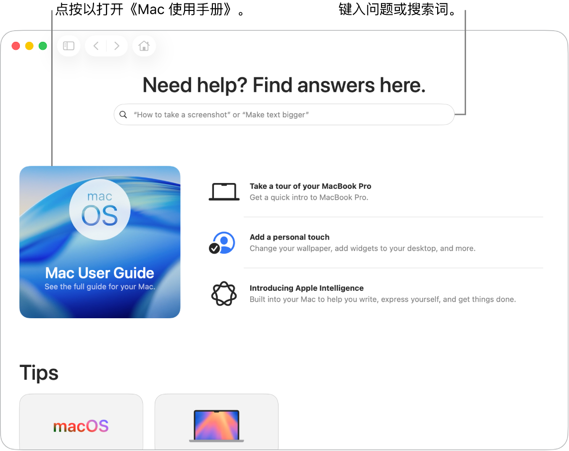 “提示” App 启动页显示《Mac 使用手册》、搜索栏和建议的主题。