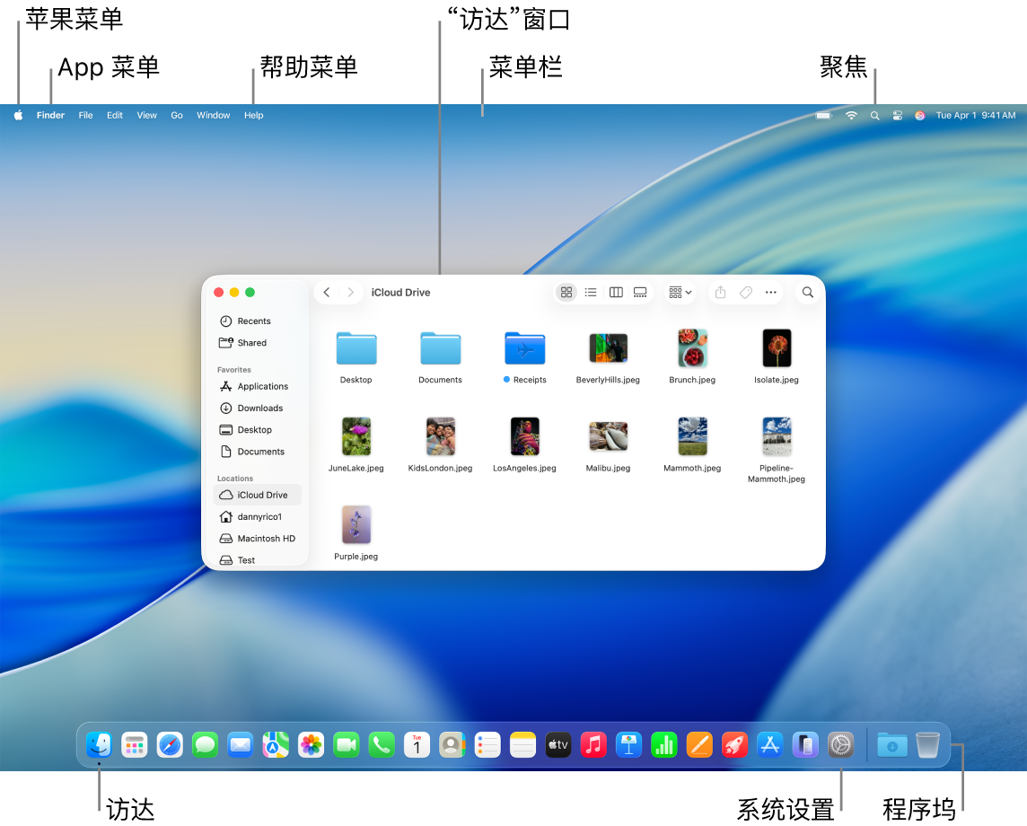 Mac 屏幕显示苹果菜单、App 菜单、“帮助”菜单、“访达”窗口、菜单栏、“聚焦”图标、“访达”图标、“系统设置”图标以及程序坞。