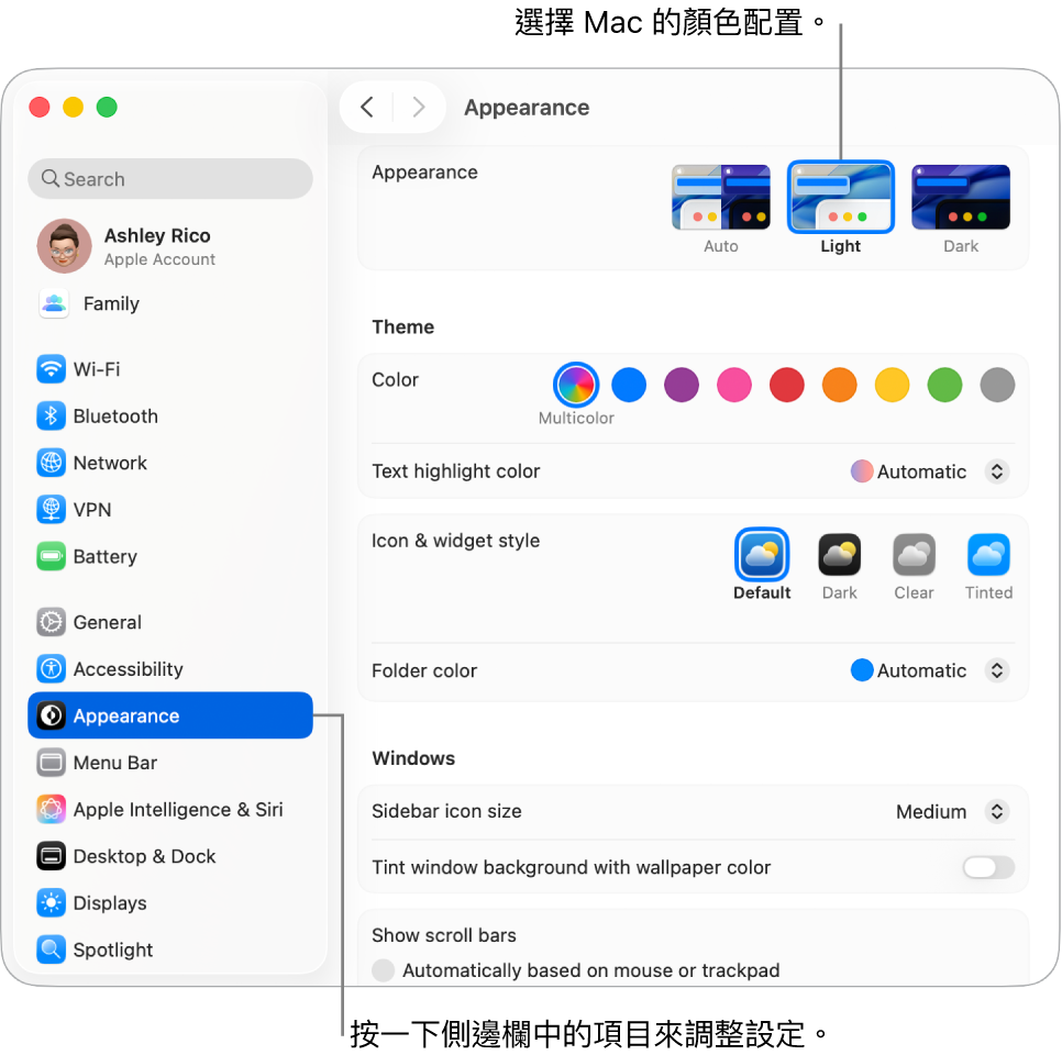 「系統設定」中的「外觀」設定。