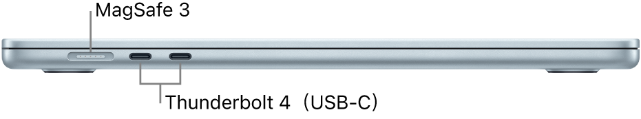 MacBook Air 的左側圖,顯示 MagSafe 3 和 Thunderbolt 4 埠的說明框。