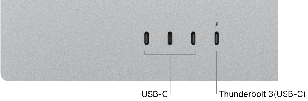 왼쪽에 세 개의 USB-C 포트 및 오른쪽에 Thunderbolt 3(USB-C) 포트를 보여주는 Studio Display의 후면 클로즈업.