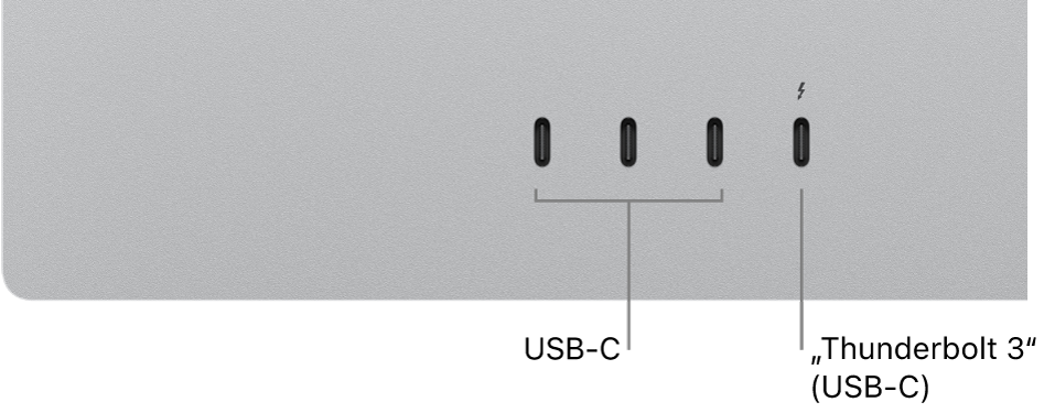 Priartintas „Studio Display“ vaizdas, kuriame matosi trys kairėje esantys USB-C prievadai ir dešinėje esantis „Thunderbolt 3“ (USB-C) prievadas.