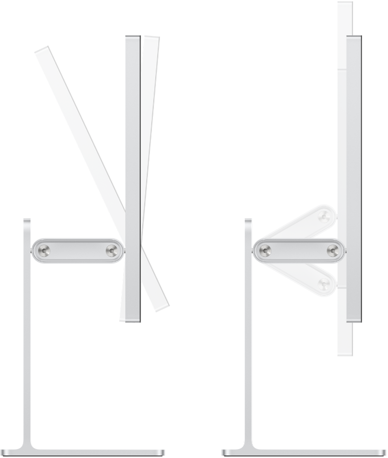 Widok z boku na wyświetlacz Studio Display oraz podstawkę z możliwością zmiany nachylenia oraz wysokości.