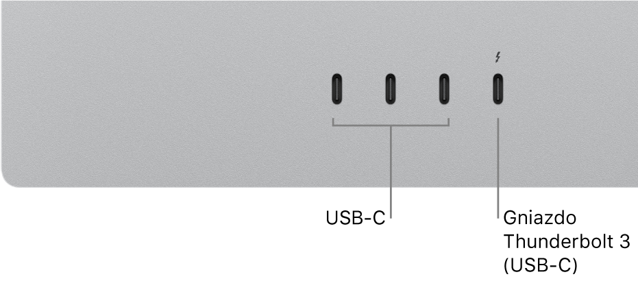 Zbliżenie tyłu wyświetlacza Studio Display z trzema gniazdami USB-C po lewej oraz gniazdem Thunderbolt 3 (USB-C) po prawej.