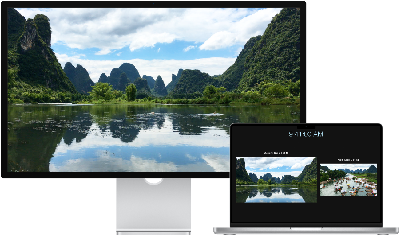 MacBook Pro și afișajul Studio Display alăturate.