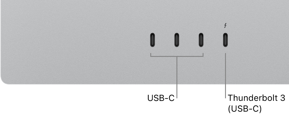 Bližnji prikaz zadnje strani zaslona Studio Display prikazuje tri vrata USB-C na levi in vrata Thunderbolt 3 (USB-C) na desni.