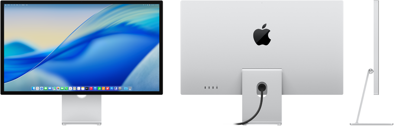 Вигляд спереду, вигляд ззаду і вигляд збоку дисплея Apple Studio Display.