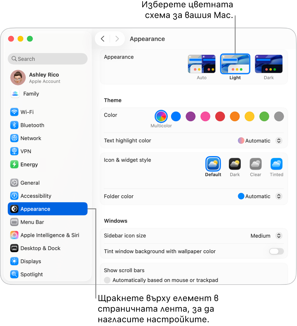 Прозорецът Appearance (Изглед) в System Settings (Системни настройки).