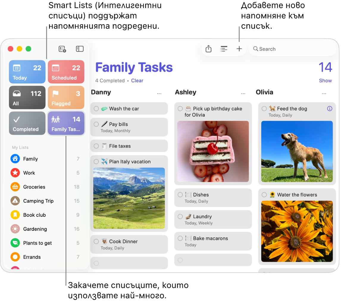Прозорец на приложението Reminders (Напомняния) с умни списъци вляво и други напомняния и списъци вдясно.
