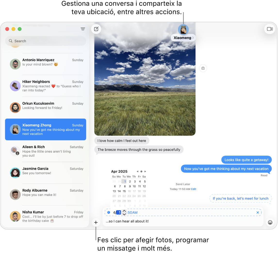 Una finestra de l’app Missatges que mostra una conversa. S’està programant l’enviament d’un missatge en una data posterior.