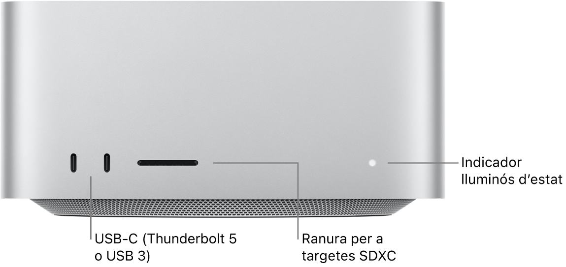 Part de davant del Mac Studio en què es veuen dos ports USB-C, la ranura per a targetes SDXC i l’indicador lluminós d’estat.