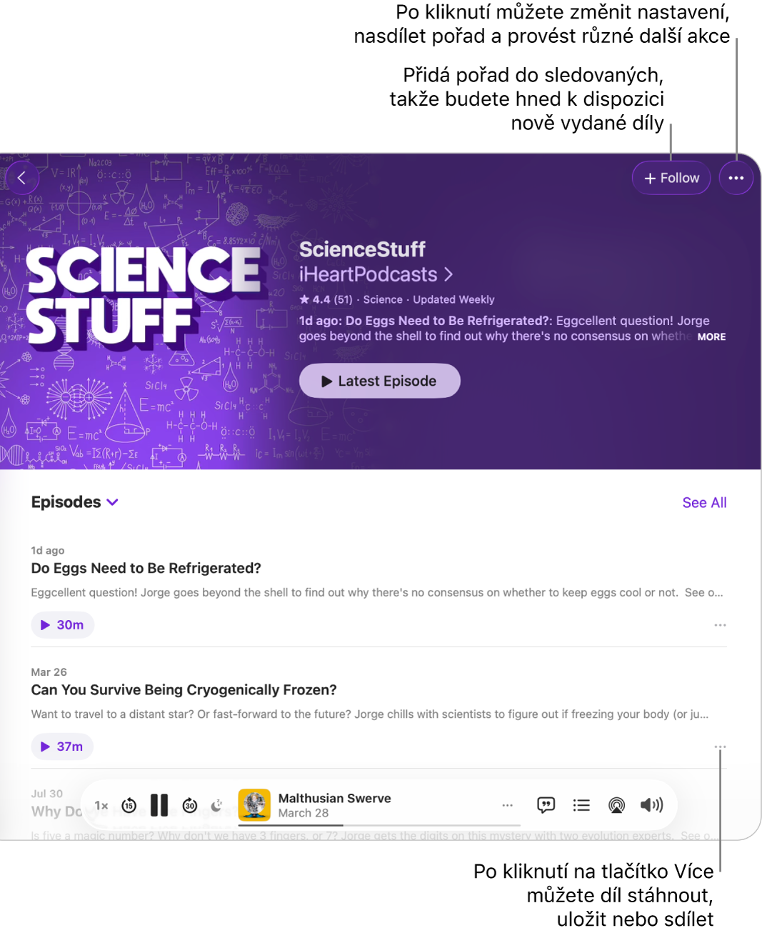 Okno Podcasty se seznamem dílů podcastu. Tlačítko Sledovat u horního okraje okna vám umožňuje zahájit sledování pořadu a tlačítko Více vedle každého dílu vám umožňuje stáhnout nebo uložit konkrétní díl.