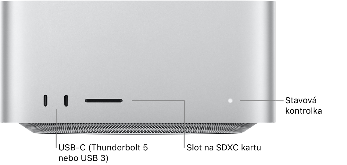 Přední strana Macu Studio se dvěma USB‑C porty, slotem pro SDXC kartu a stavovou kontrolkou