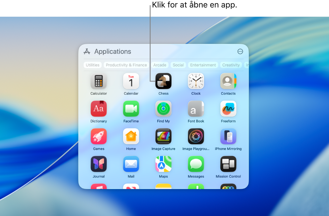 Symbolet for Apps i Dock og et åbent Apps-vindue, der viser forskellige apps arrangeret i et net på en Mac-skærm.