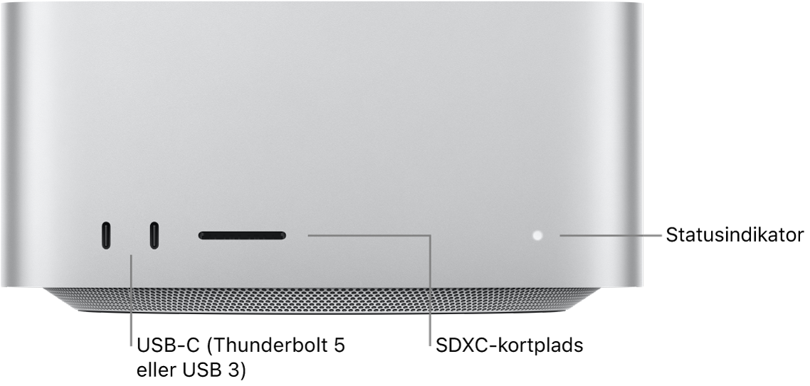 Forsiden af Mac Studio, der viser to USB-C-porte, SDXC-kortpladsen og statusindikatoren.