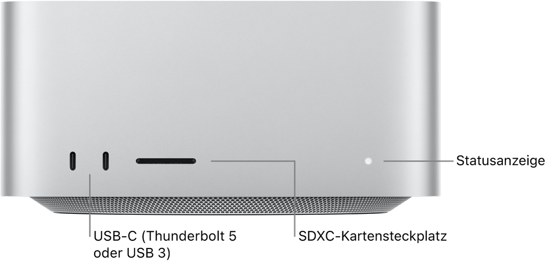 Vorderseite des Mac Studio mit zwei USB-C-Anschlüssen, dem SDXC-Kartensteckplatz und der Statusanzeige