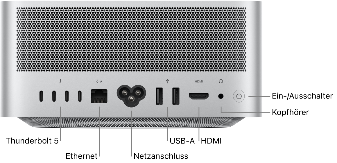 Die Rückseite des Mac Studio mit vier Thunderbolt 5 (USB-C)-Anschlüssen, dem Gigabit-Ethernetanschluss, dem Netzanschluss, zwei USB-A-Anschlüssen, dem HDMI-Anschluss, dem 3,5-mm-Kopfhöreranschluss und dem Ein-/Ausschalter