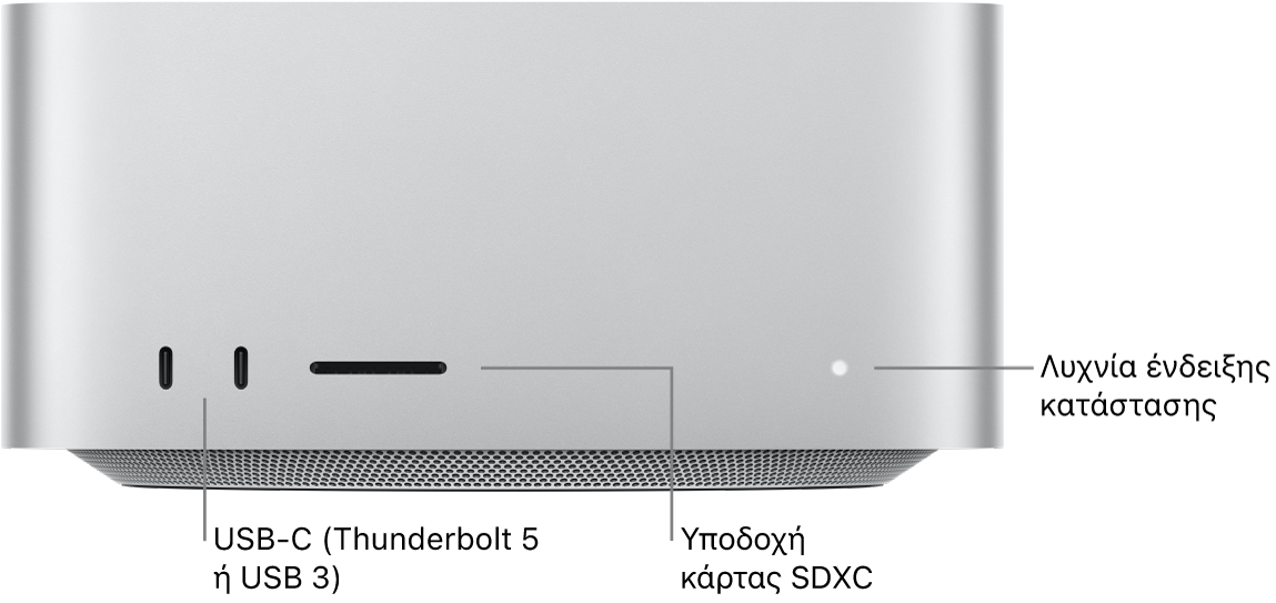 Η πρόσοψη ενός Mac Studio όπου εμφανίζονται δύο θύρες USB-C, η υποδοχή κάρτας SDXC και η ενδεικτική λυχνία κατάστασης