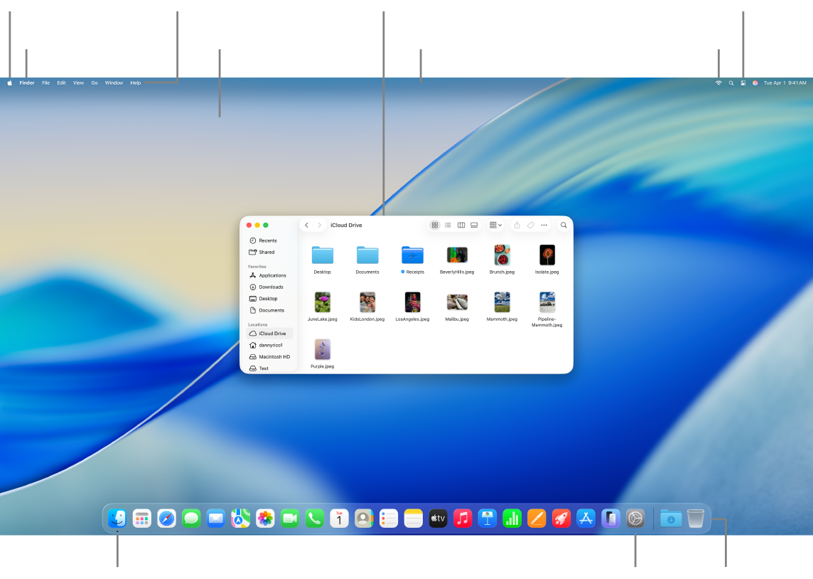 Mac screen showing the Apple menu, the app menu, the Help menu, the desktop, the menu bar, a Finder window, the Wi-Fi icon, the Control Center icon, the Finder icon, the System Settings icon, and the Dock.