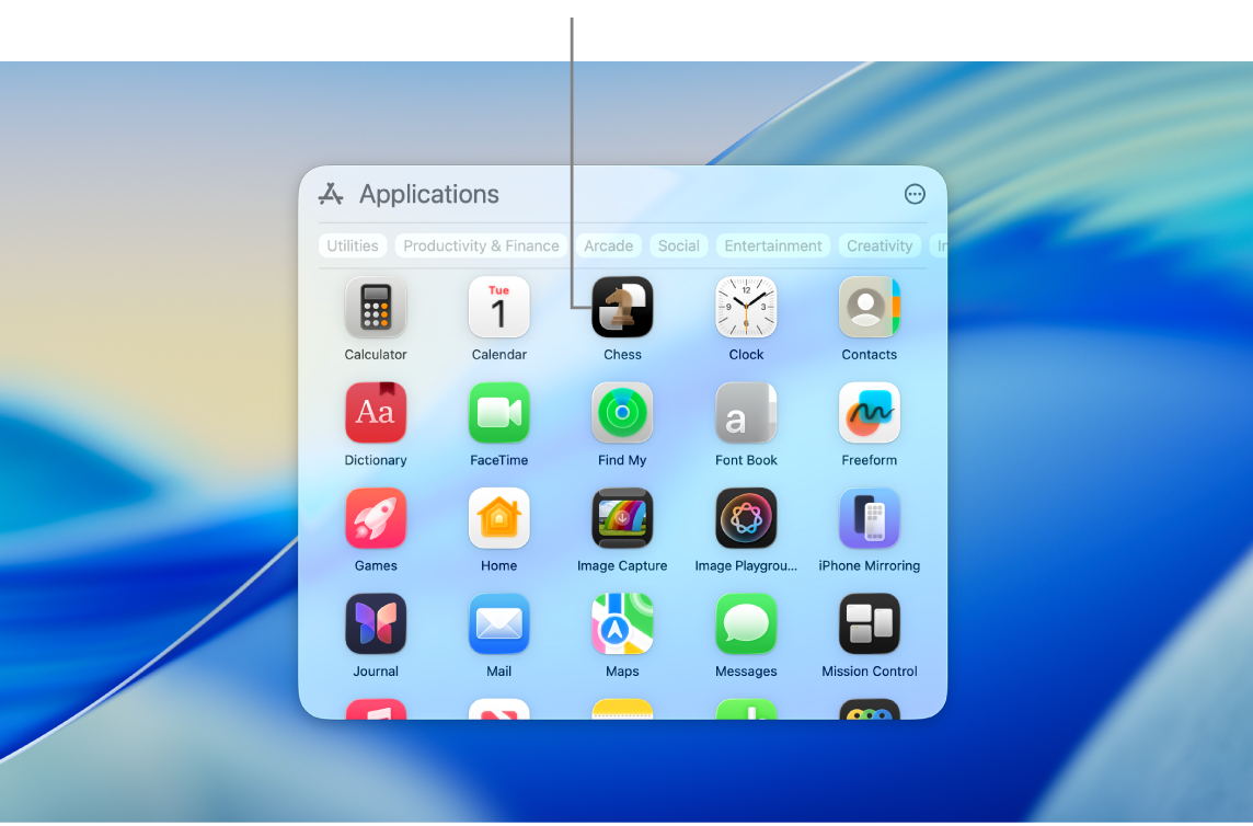The Apps icon in the dock and open Apps window displaying various apps arranged in a grid on a Mac screen.