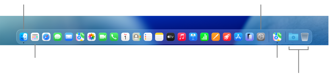 The Dock, showing the Finder, System Settings, and the divider in the Dock that separates apps from files and folders.