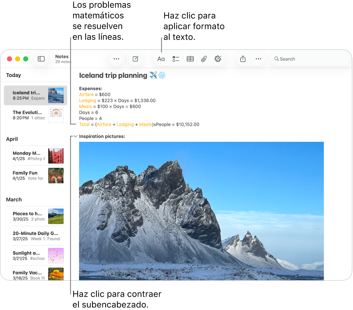 Una ventana de la app Notas mostrando cálculos para un viaje y una foto de destino.