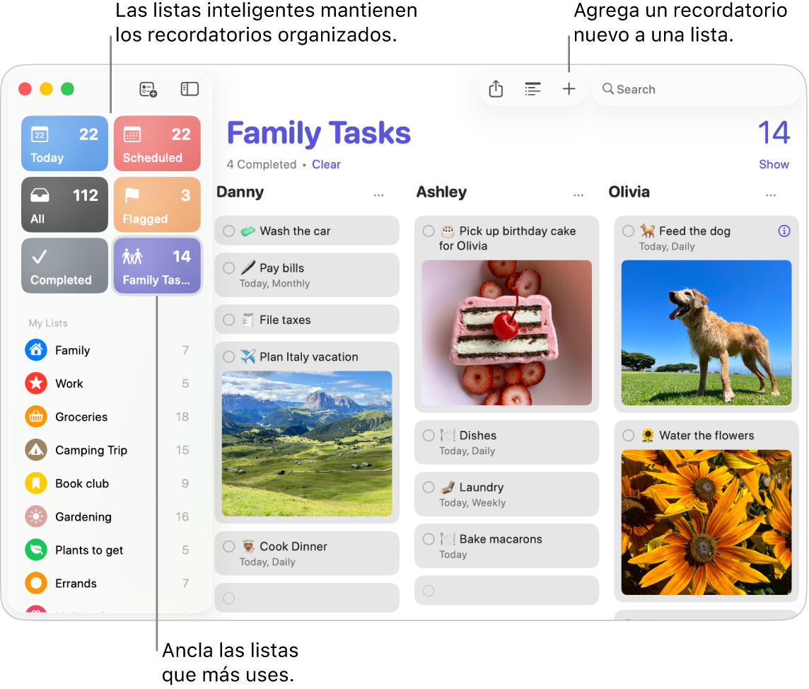 Una ventana de la app Recordatorios con listas inteligentes en el lado izquierdo, y otros recordatorios y listas a la derecha.