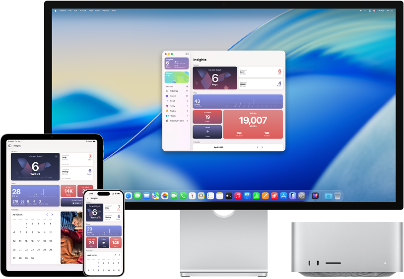 La Mac Studio junto a varios dispositivos accediendo al mismo contenido de iCloud.