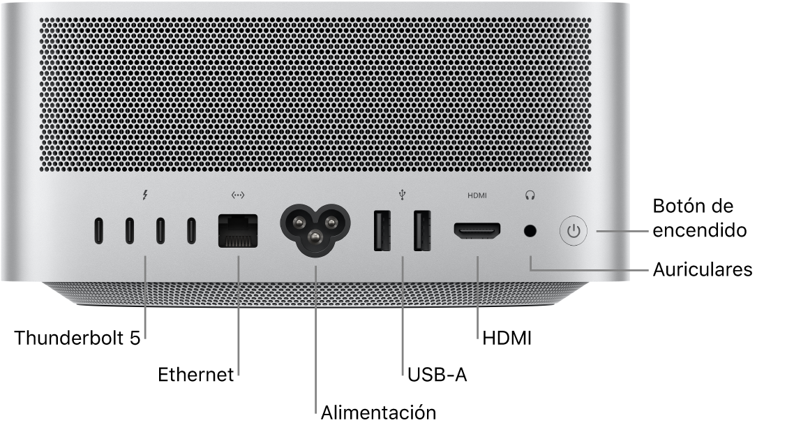 Parte posterior del Mac Studio con cuatro puertos Thunderbolt 5 (USB-C), el puerto Ethernet Gigabit, el puerto de alimentación, dos puertos USB A, el puerto HDMI, el conector para auriculares de 3,5 mm y el botón de encendido.