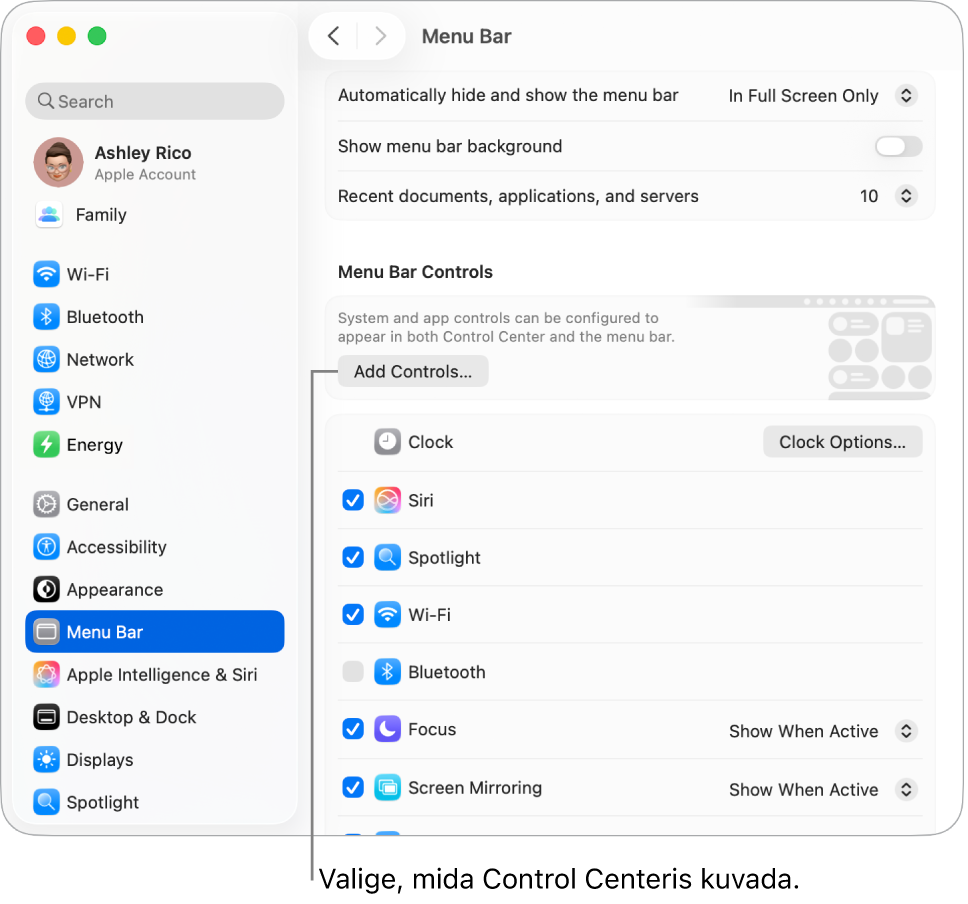 Menu Bari seadete aken.