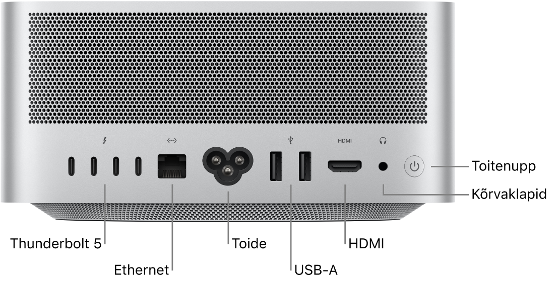 Mac Studio tagaküljel olevad neli Thunderbolt 5 (USB-C) porti, Gigabit Etherneti port, toiteport, kaks USB-A-porti, HDMI-port, 3,5 mm kõrvaklappide pesa ning toitenupp.
