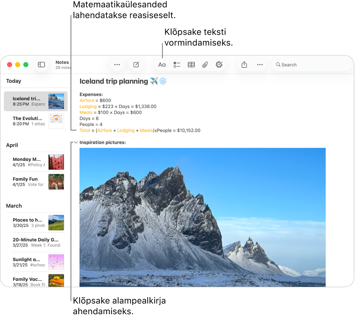 Rakenduses Notes kuvatakse reisiarvutusi ning sihtkoha pilti.