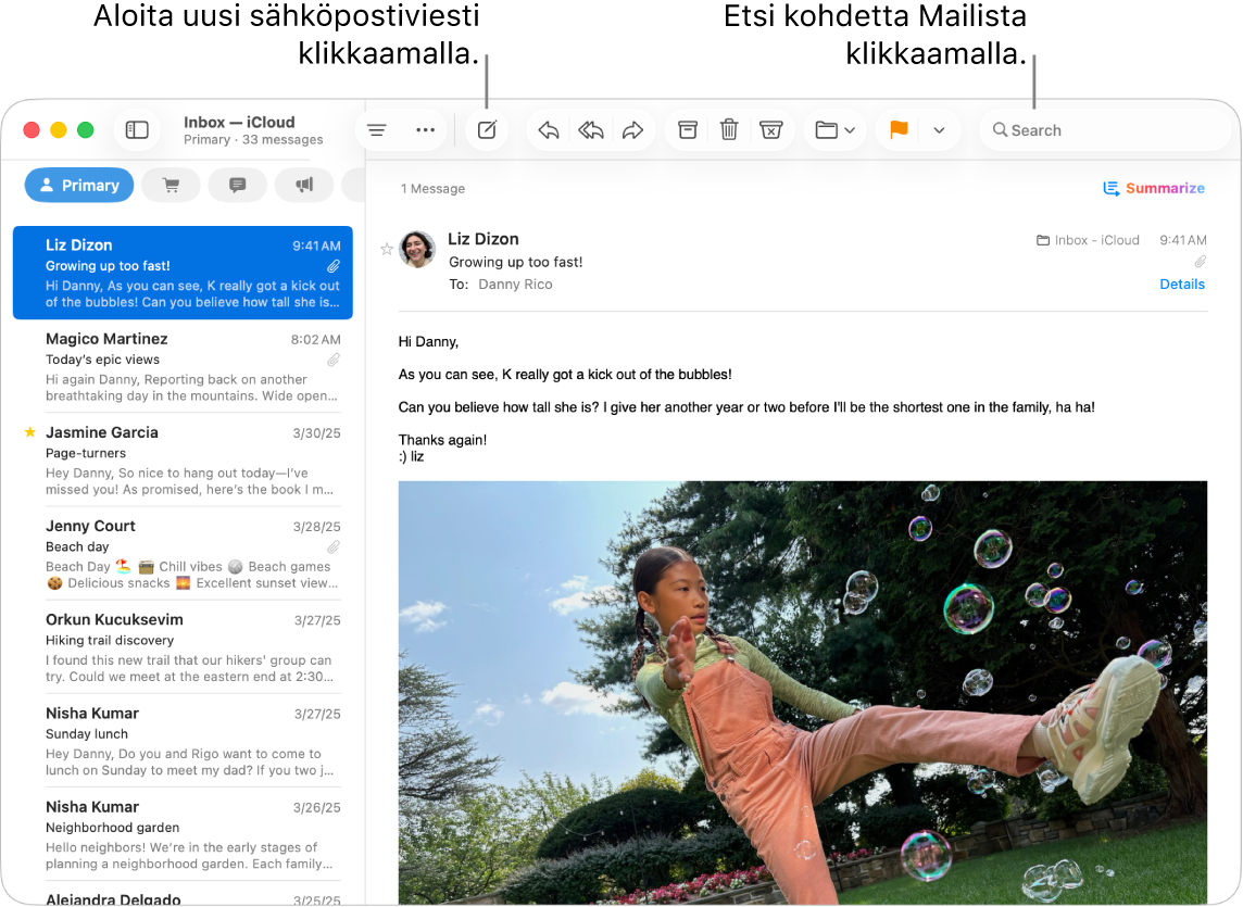 Mail-ikkuna, jossa näkyy viestiluettelo sivupalkin vieressä ja valitun viestin sisältö oikealla. Selite viittaa hakukenttään.