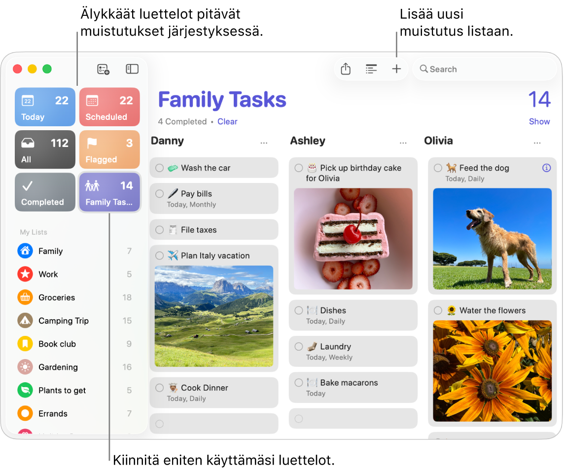 Muistutukset-ikkuna, jossa on vasemmalla älykkäitä listoja ja oikealla muita muistutuksia ja listoja.