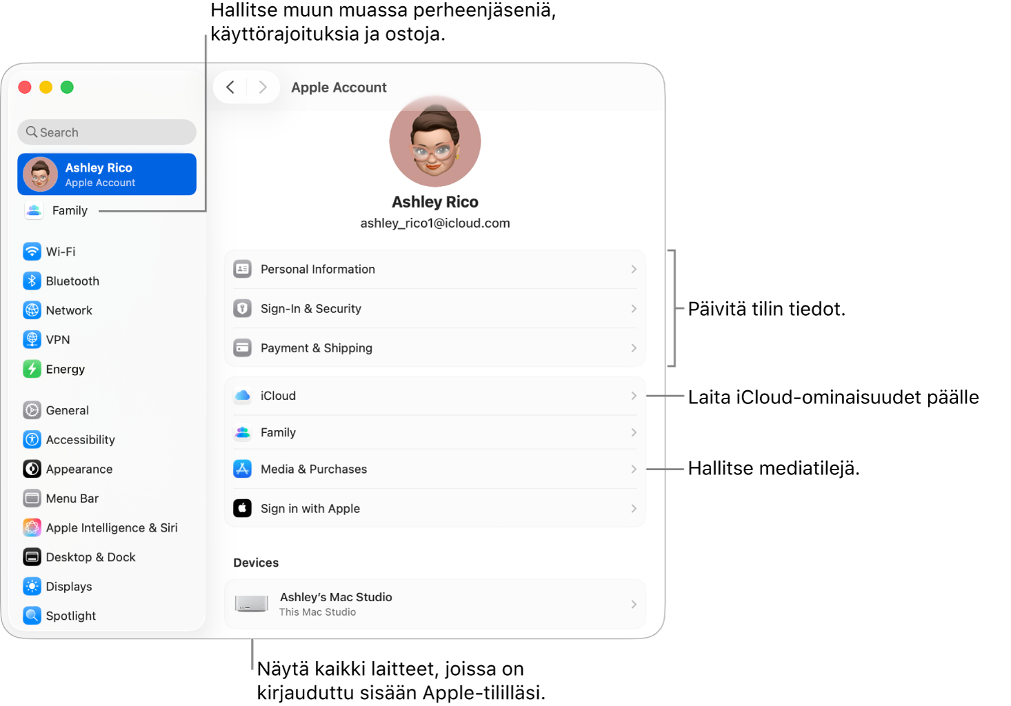Järjestelmäasetusten Apple-tili-asetukset ja selitteet tilin tietojen päivittämiseen, iCloud-ominaisuuksien laittamiseen päälle tai pois päältä sekä mediatilien hallintaan. Lisäksi Perhe-osio, jossa voit hallita perheenjäseniä, käyttörajoituksia, ostoja ja muita ominaisuuksia.
