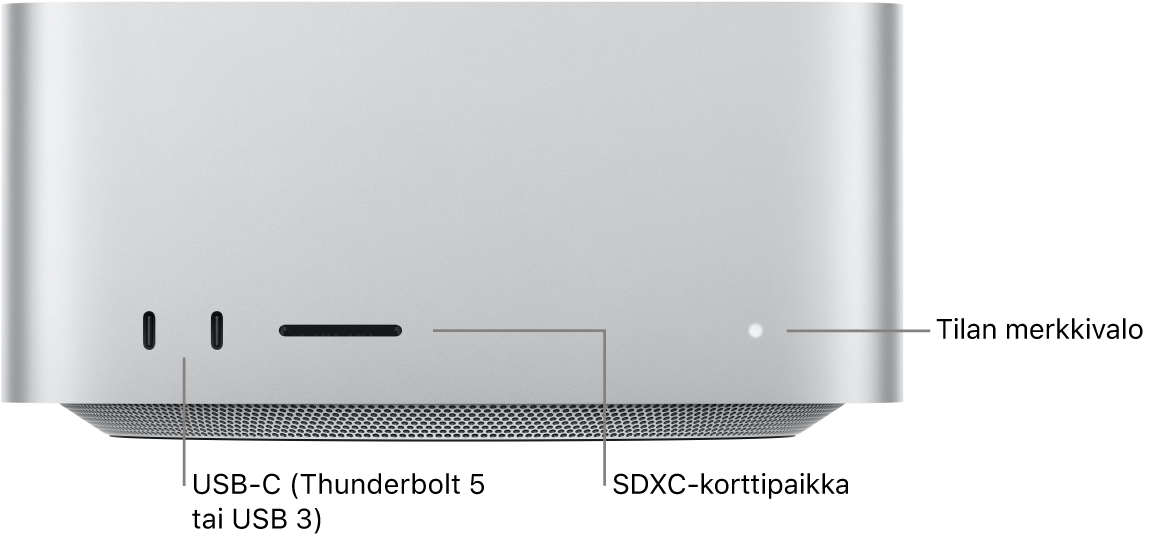 Mac Studion etupuoli, jossa näkyy kaksi USB-C-porttia, SDXC-korttipaikka ja tilan merkkivalo.