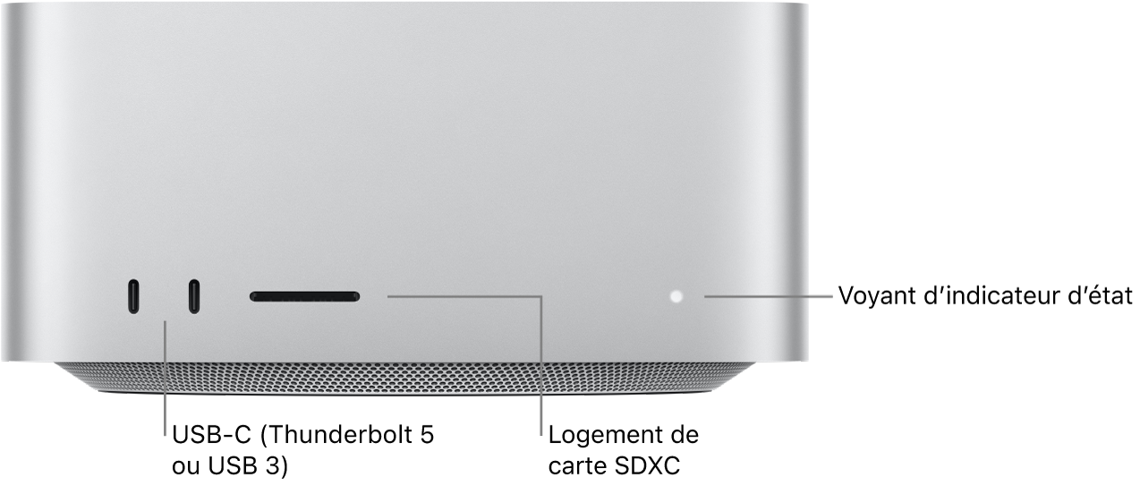 La face avant du Mac Studio présentant deux ports USB-C, un emplacement pour carte SDXC et le voyant d’état.
