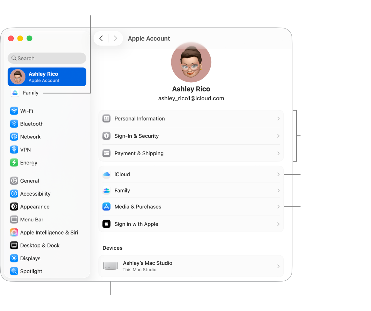 Réglages du compte Apple dans « Réglages Système » avec des légendes pour la mise à jour des informations du compte, l’activation ou la désactivation des fonctionnalités iCloud, la gestion des comptes multimédias, et Famille, où vous pouvez gérer les membres de votre famille, le contrôle parental, les achats, et plus encore.