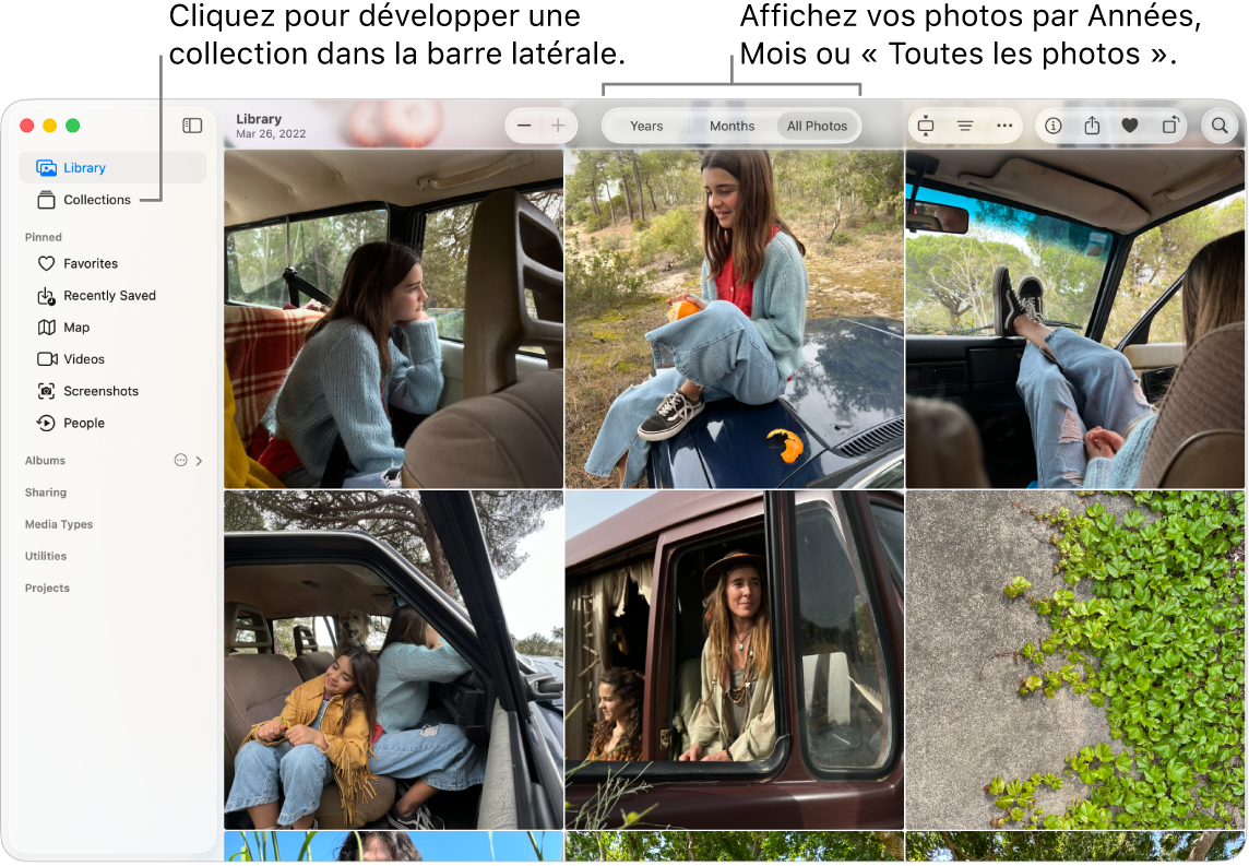 La fenêtre Photos affichant la photothèque, dans laquelle vous pouvez afficher les photos par années ou par mois, ou toutes les photos. Vous pouvez également choisir l’une des collections dans la barre latérale.