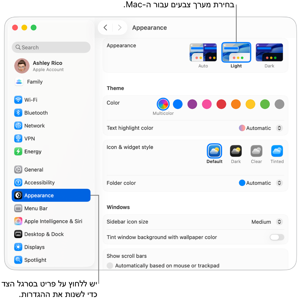 החלון של ״הגדרות המערכת״.