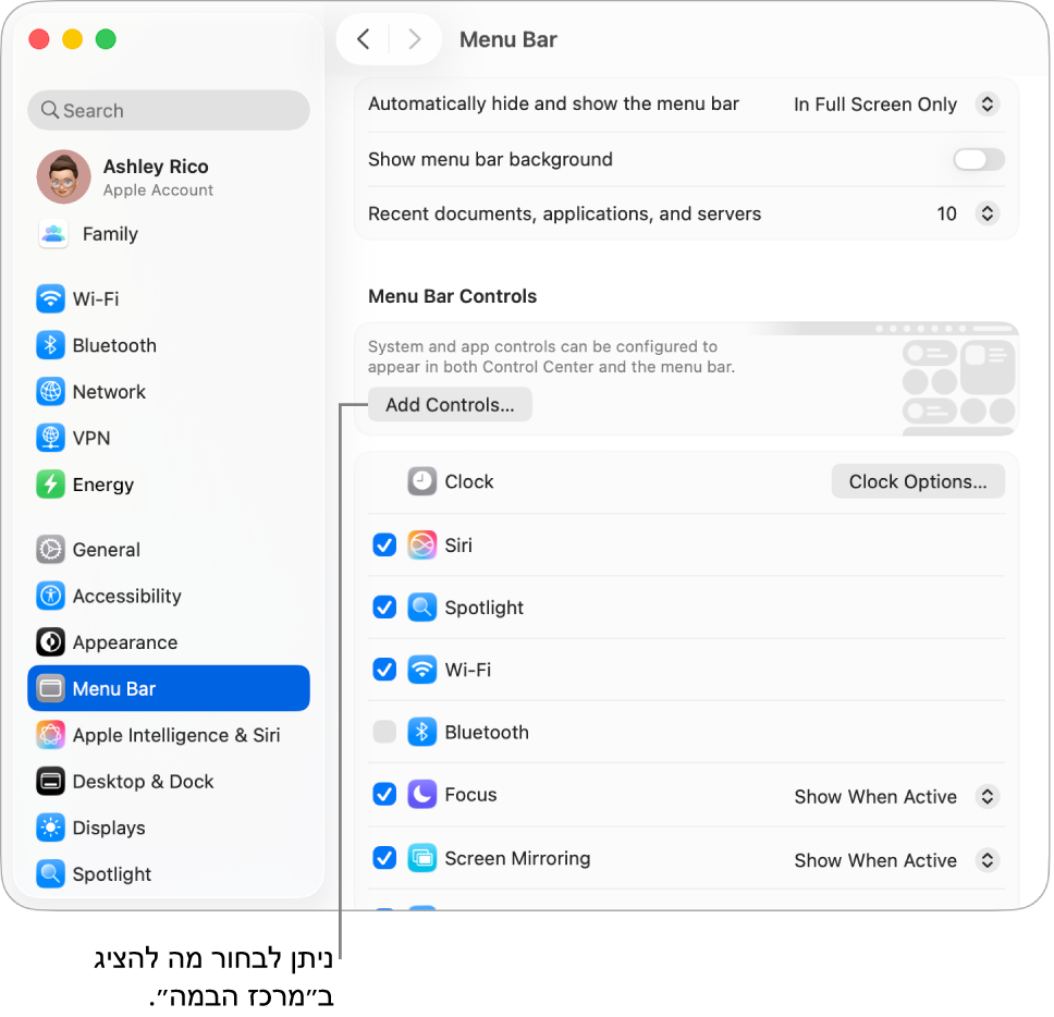 חלון ההגדרות של ״שורת התפריטים״.