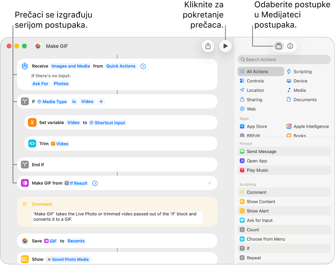 Urednik prečaca s lijeve strane prikazuje postupke u prečacu Izradi GIF.