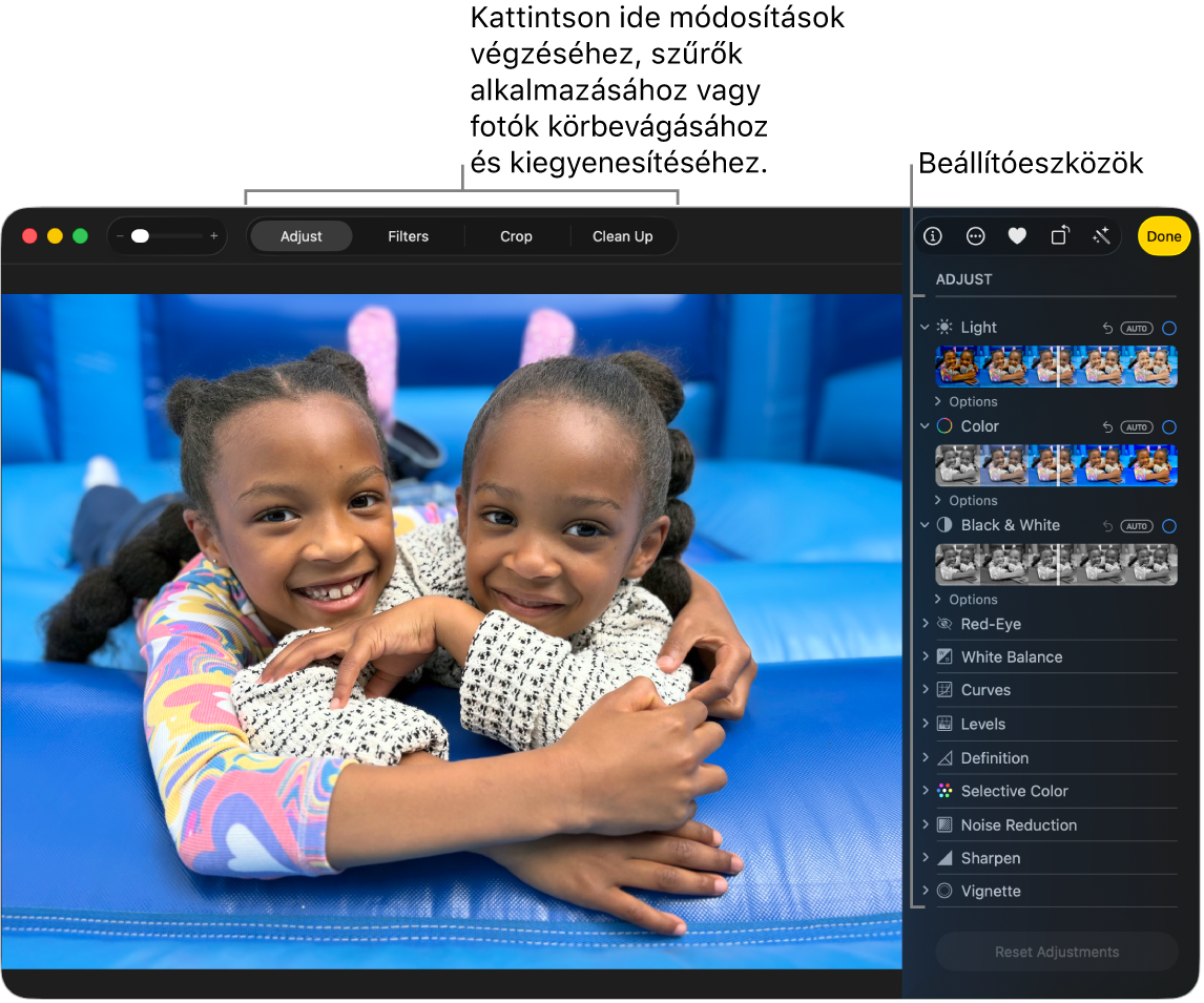 A Fotók app ablakában egy szerkesztés alatt álló fotó látható.
