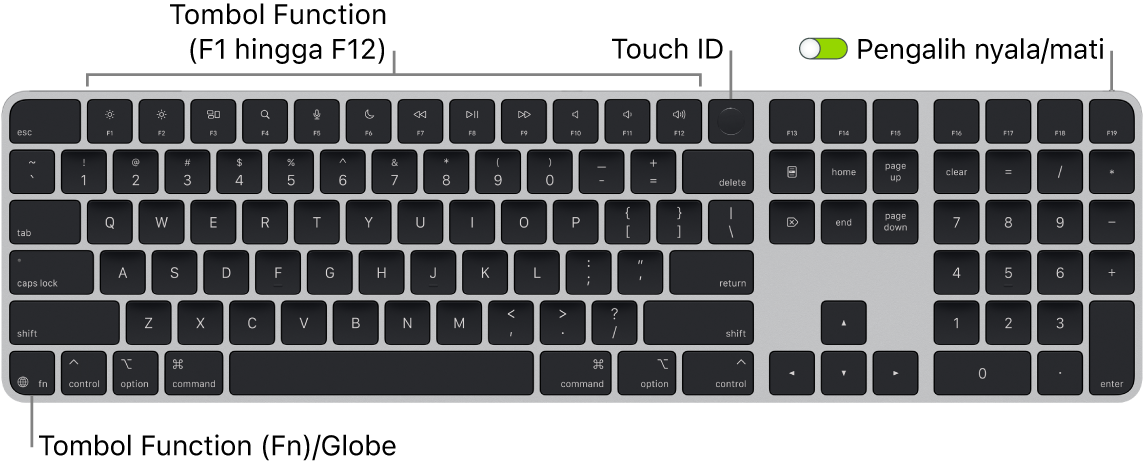 Magic Keyboard dengan Touch ID dan Keypad Numerik menampilkan baris tombol function dengan Touch ID di sepanjang bagian atas dan tombol Function (Fn)/Globe di kiri bawah.